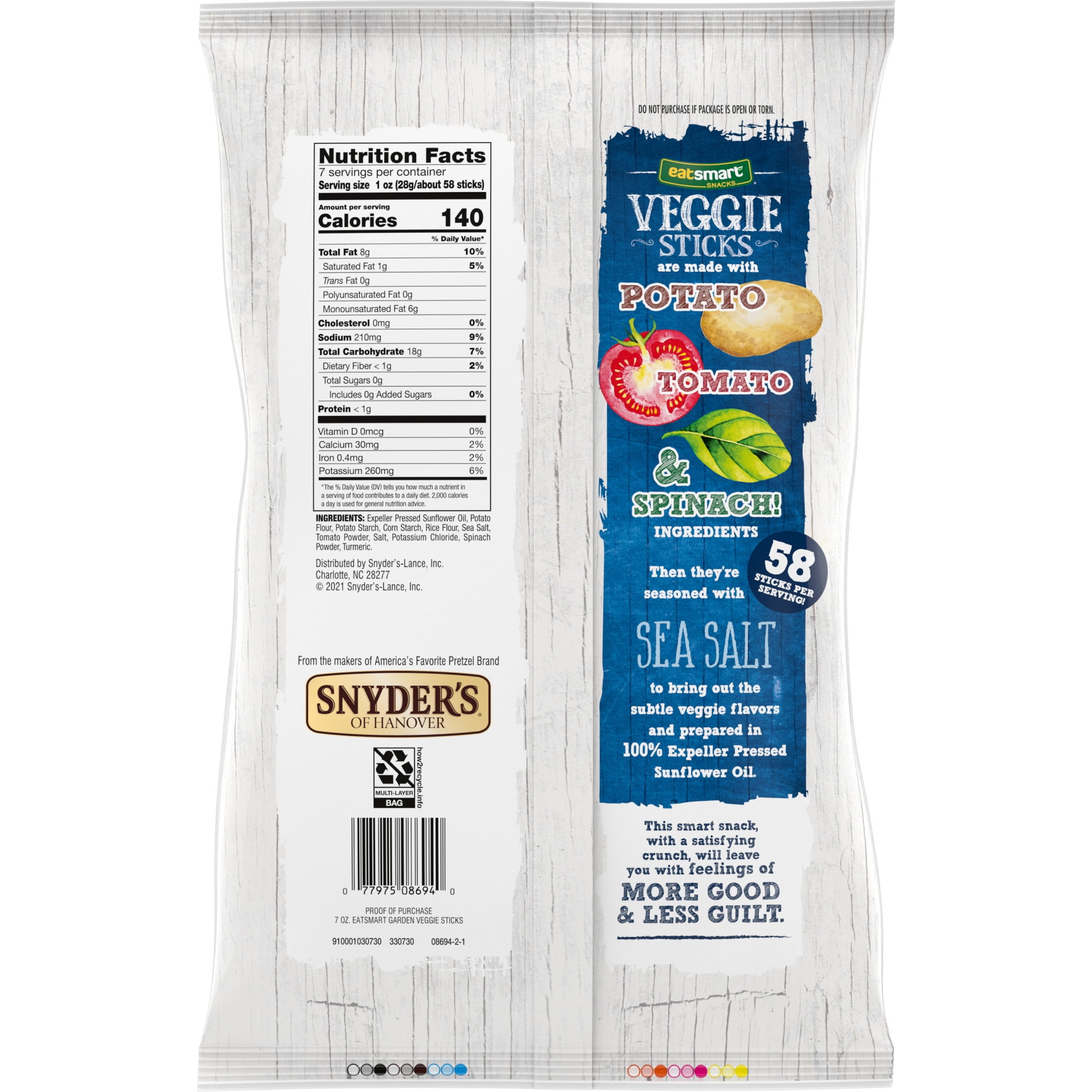 (2 pack) Eatsmart Snacks Garden Veggie Sticks with Potato Tomato & Spinach, 7 oz Bag