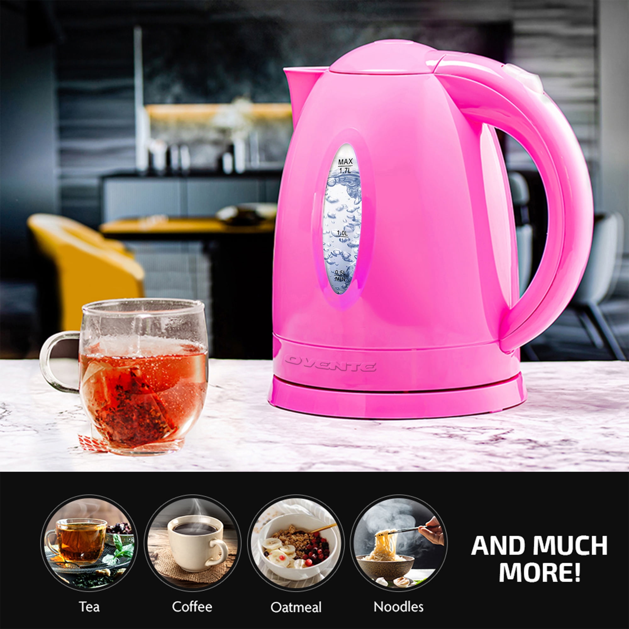 OVENTE Glass Electric Kettle Hot Water Boiler 1.7 Liter ProntoFill Tech w/  Stainless Steel Filter - 1500W BPA Free Cordless Instant Water Heater