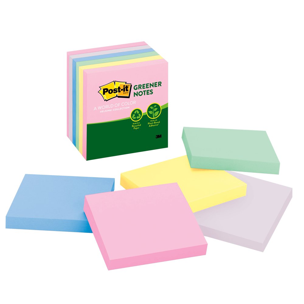 Postit Greener Recycled Notes, 3"x 3", Helsinki Collection, 6 Pads