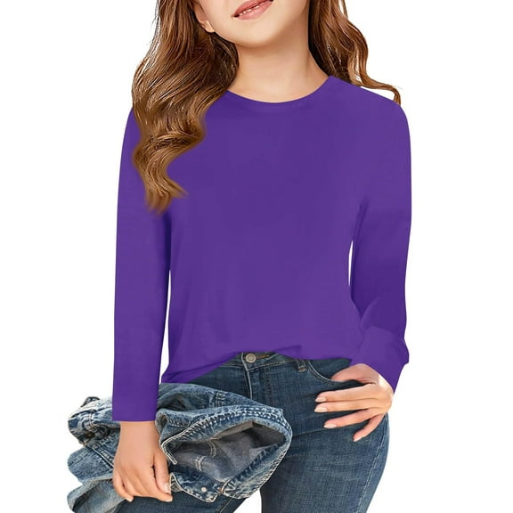 Girls Long Sleeve T Shirts Kids Fall Tops Crewneck Basic Tees 5-14Y Purple 140