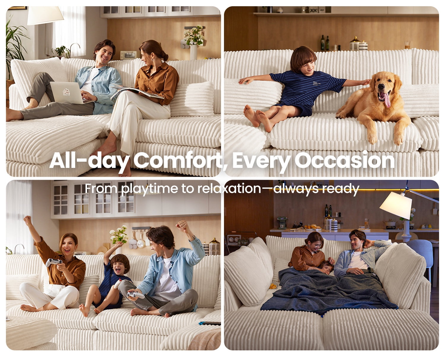 CHIC HOUSE Oversized Modular Sofa,Extra Deep Cloud Corduroy Sectional Couch with Ottoman Chaise,FSC Certified Fluffy Chenille 6 Seater Sofa Bed for Living Room,Villa