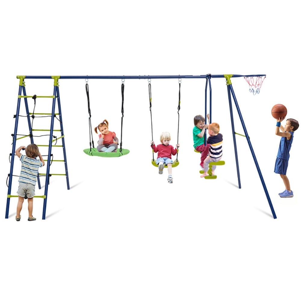 Spaco 550 LBS 6-in-1 Patio Kids Swing Set with Climbing Net and Ladder, Swing Set Outdoor for Kids, Kids Playground for Backyard, Green