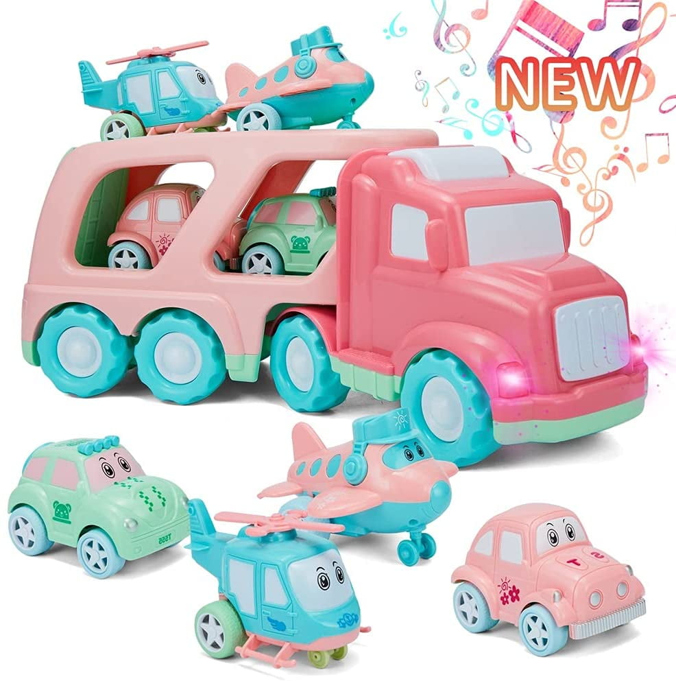 TEMI Cartoon Vehicles Playset Transport Car Carrier Truck - 5 in 1 Push and Go Trailer W/ Sounds