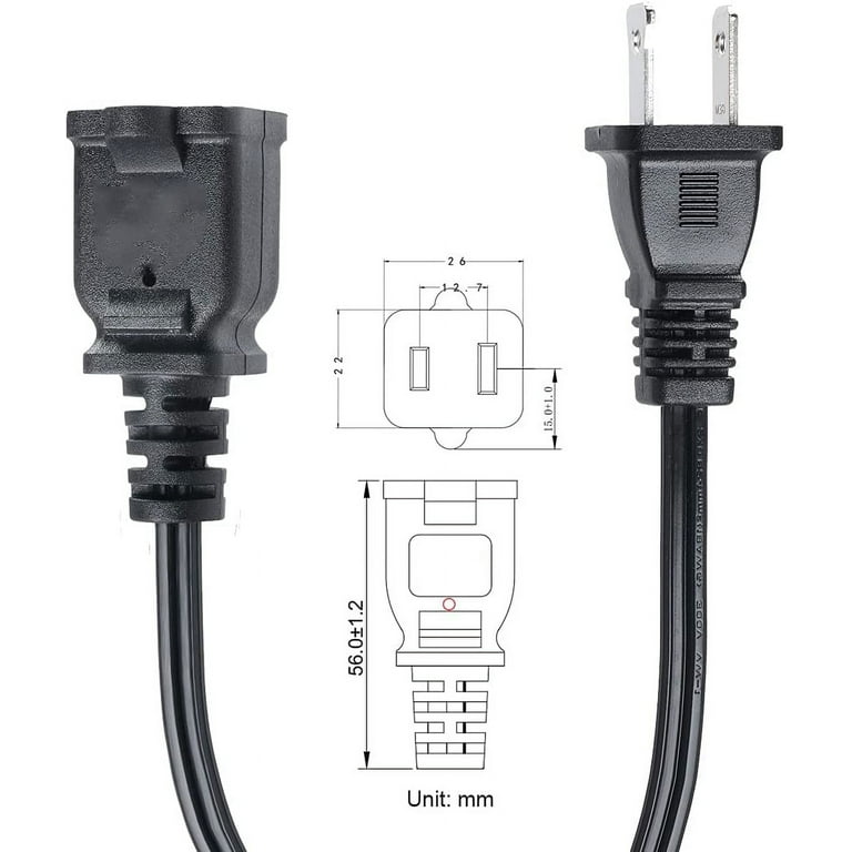 2-Prong Male-Female Extension Power Cord Cable, Outlet Extension Cable Cord  US AC 2-Prong Male-Female Power Cable 13A/125V, Black 5 Core EXC BLK 12FT