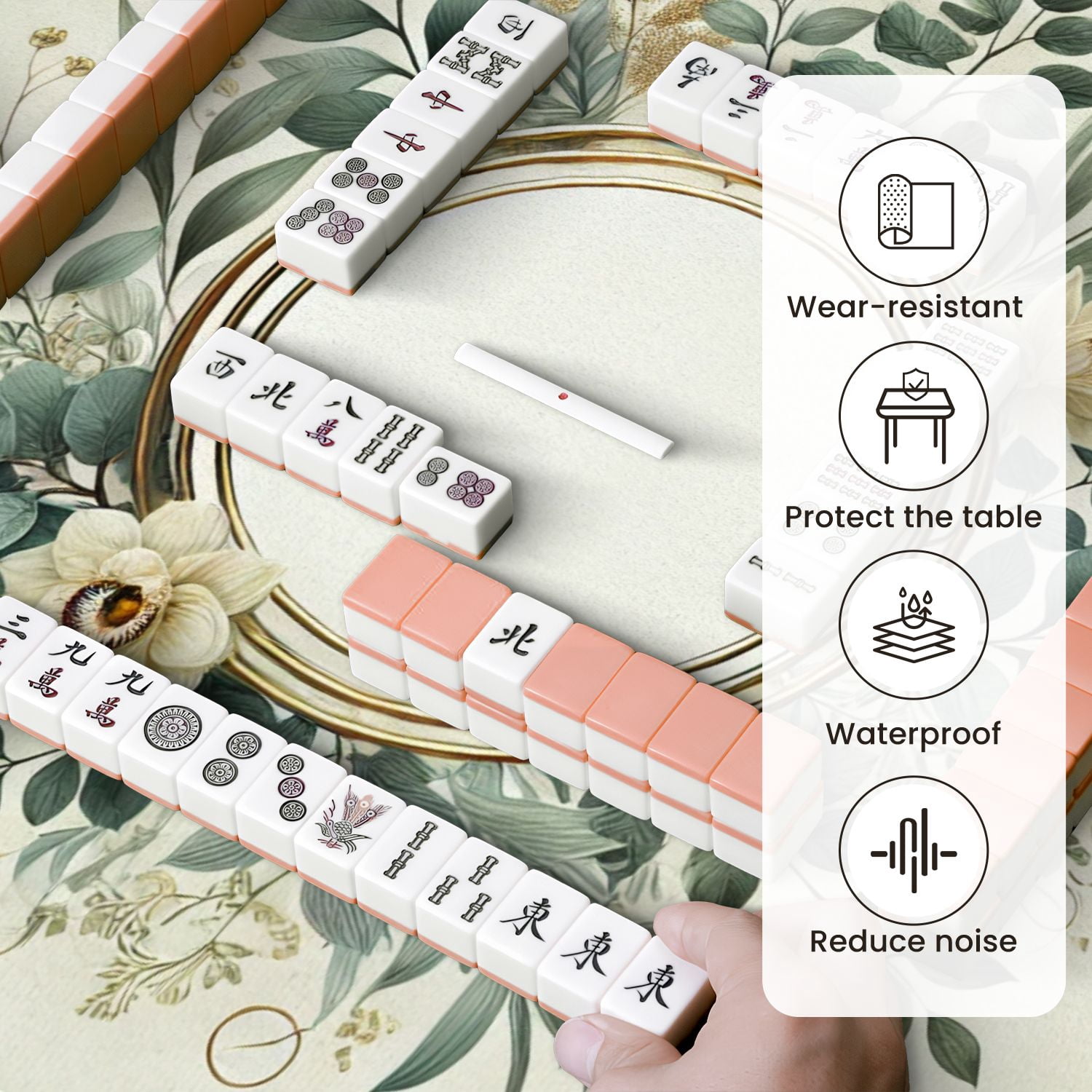 Mahjong Mat 31.5" x 31.5" Green Beige Floral Wreath Gold Circular Frame Botanical Non-Slip Noise Reduction Mahjong Tiles Table Cover for Dominoes Poker Card Board and Tile Games