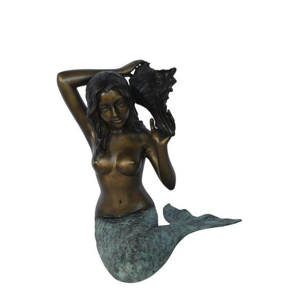 Mermaid with Conch  shell bronze statue -  Size: 16"L x 17"W x 21"H.