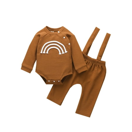 

Canrulo Newborn Infant Baby Boy Fall Spring Outfits Long Sleeve Rainbow Romper Tops Suspender Pants 2Pcs Set Dark Brown 18-24 Months