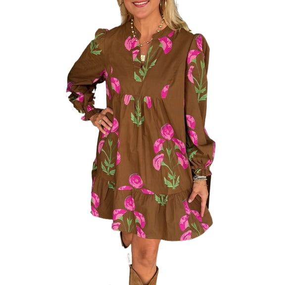 Women's Brown Floral Babydoll Tunic Dress – Casual Daily Wear with Ruffled Hem | XL