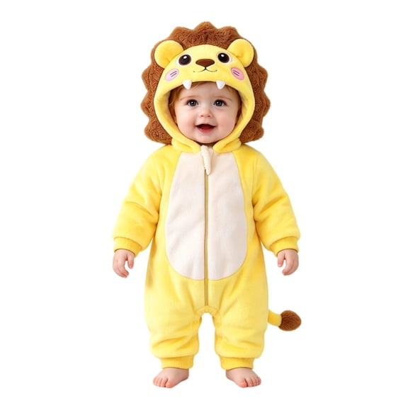 Mercatoo Baby Lion Costume Onesie, Hooded Zipper Plush Animal Jumpsuit, Soft Fleece Infant Romper with Lion Mane & Tail, Cute Newborn Toddler Halloween Party Photo Outfit