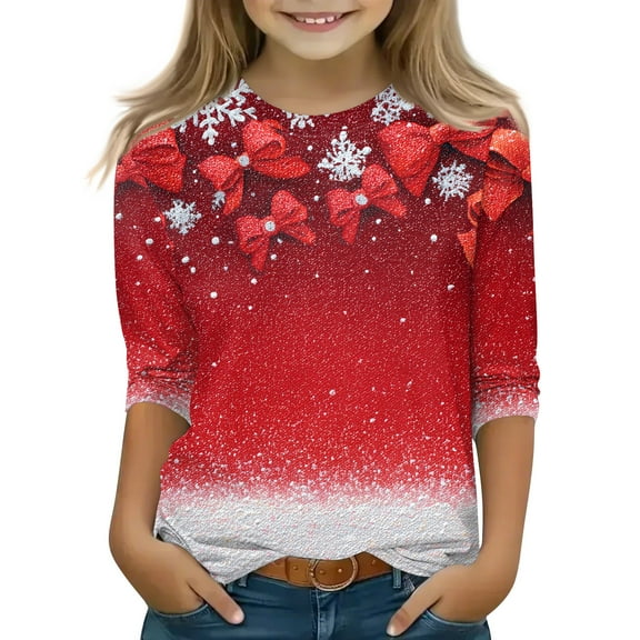 Long Sleeve Crew Neck Pullover Top for Girls with Glitter Bow and Snowflake Print for Holiday and Casual Wear