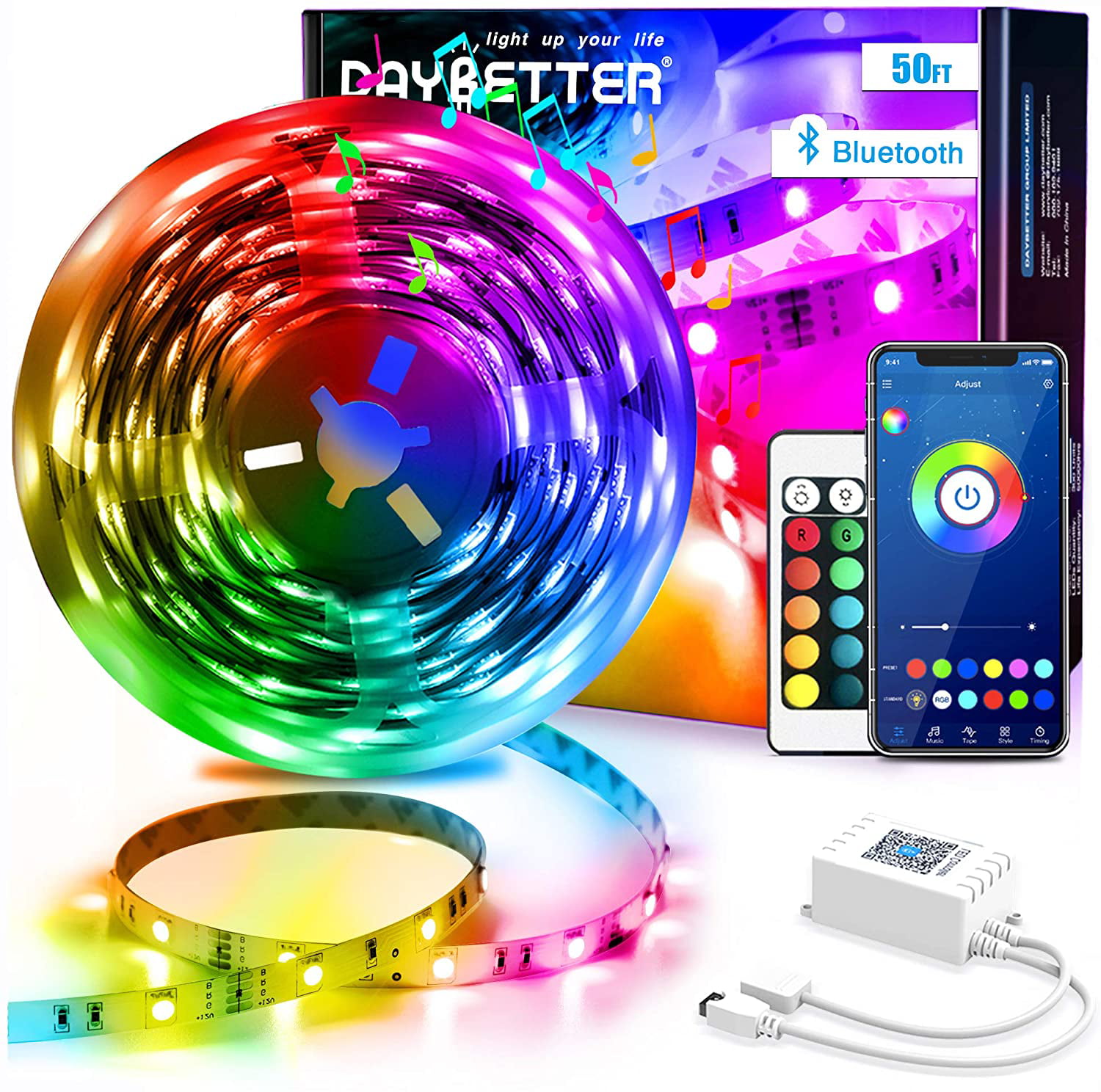 50ft LED Strip Lights 5050 Bluetooth Music Sync Color Changing Decor Bedroom Kit 