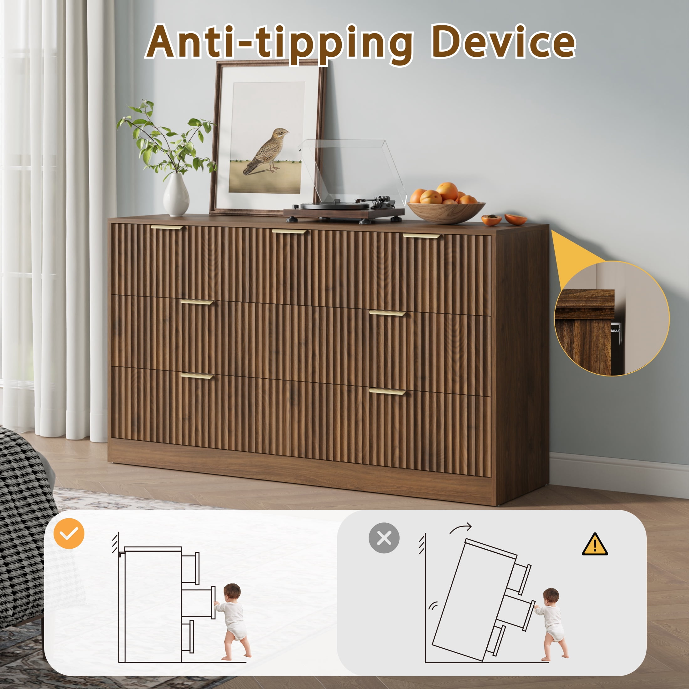 YouTrend 55.1"W Fluted Dressers for Bedroom with 7 Drawers,Modern Chest of Drawer TV Stand for Adults,Wood Clothes Storage for Living Room,Brown