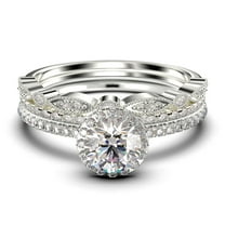 Dainty Art Deco 2.25 Carat Round Cut Diamond Moissanite Engagement Ring, Wedding Ring in 10k Solid White Gold, Trio Set, Promise Ring