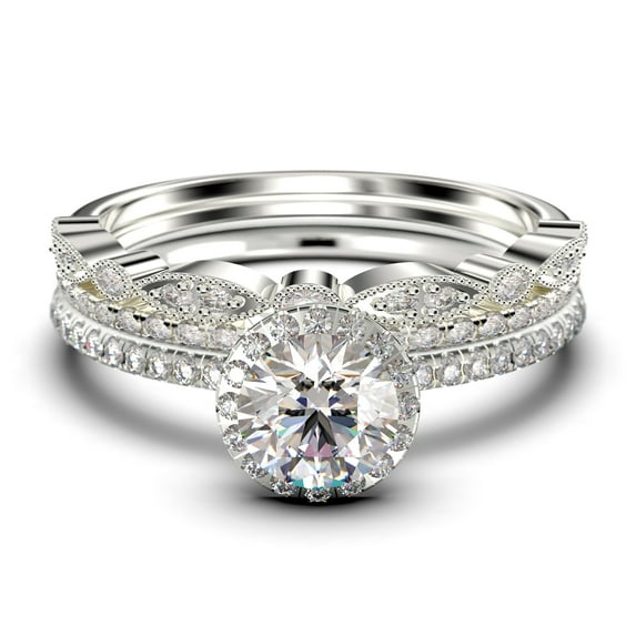 Dainty Art Deco 2.25 Carat Round Cut Diamond Moissanite Engagement Ring, Wedding Ring in 10k Solid White Gold, Trio Set, Promise Ring