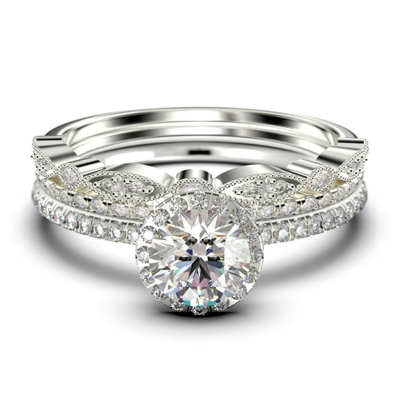 Dainty Art Deco 2.25 Carat Round Cut Diamond Moissanite Engagement Ring, Wedding Ring in 925 Sterling Silver, White Gold Plating Trio set