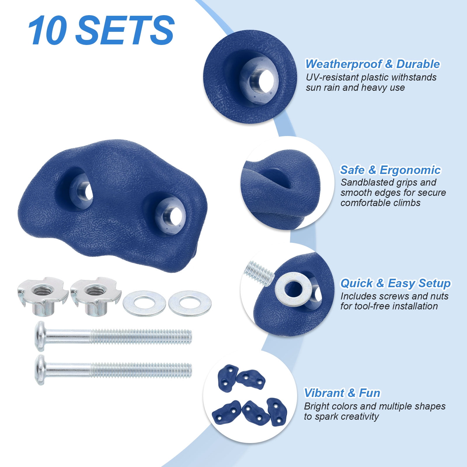 Rock Climbing Holds, 10 Pcs Small Climbing Rock Wall Grips with Double Hole for Playground Accessory, Blue-C