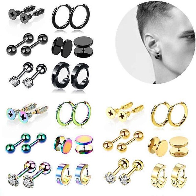 Juego de 12 pendientes punk de acero inoxidable, lote de aros para pendientes, paquete de pendientes góticos, tapón de oreja falso, juego de pendientes unisex, joyería corporal, plata