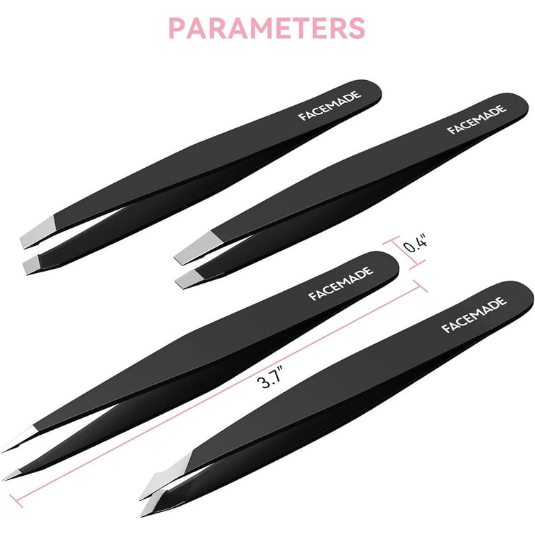 FACEMADE 4 Pcs Tweezers Set, Stainless Steel Hair Removal Makeup Tool,  Gift, Black