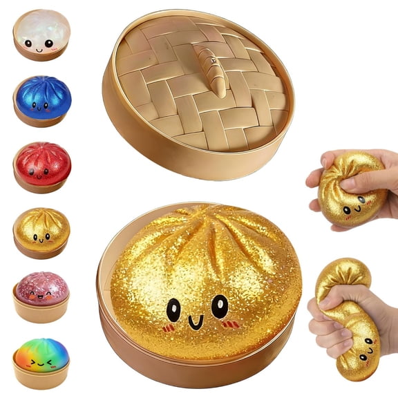 6 color options glitter dumpling squishy with box, stress relief squeeze toy.