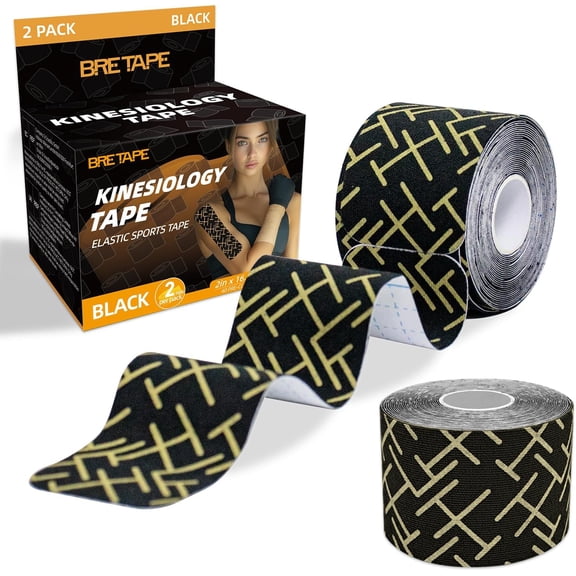 Kinesiology Tape, Premium Precut 2 Roll Pack Flexible & Breathable Athletic Tape for Shoulder, Knee and Ankle, Elastic K Tape for Sport & Weightlifting, Muscle Strain Relief & Joint Support - Black