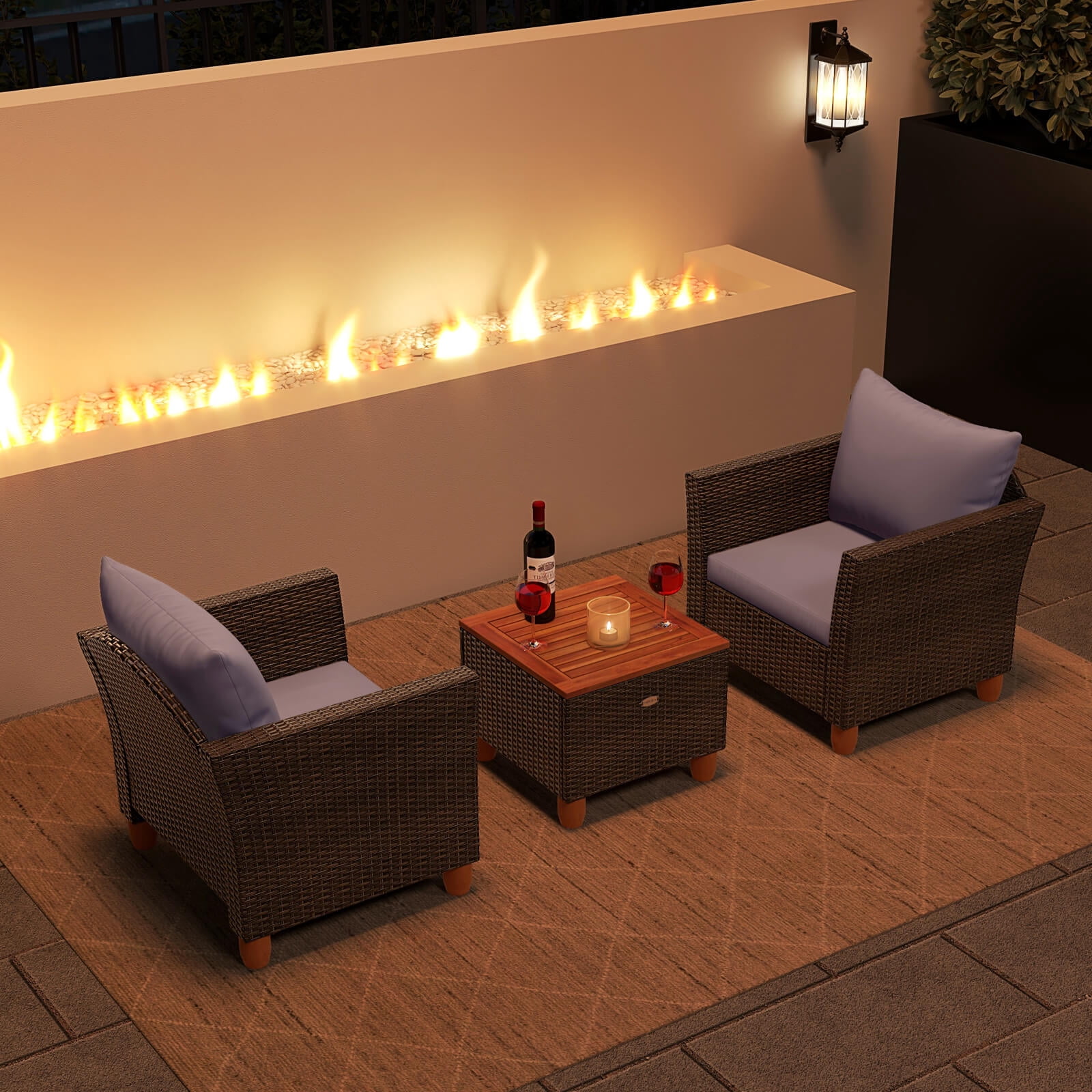 Costway 3 PCS Outdoor Patio Rattan Bistro Furniture Set Wooden Table Top Cushioned Sofa Gray