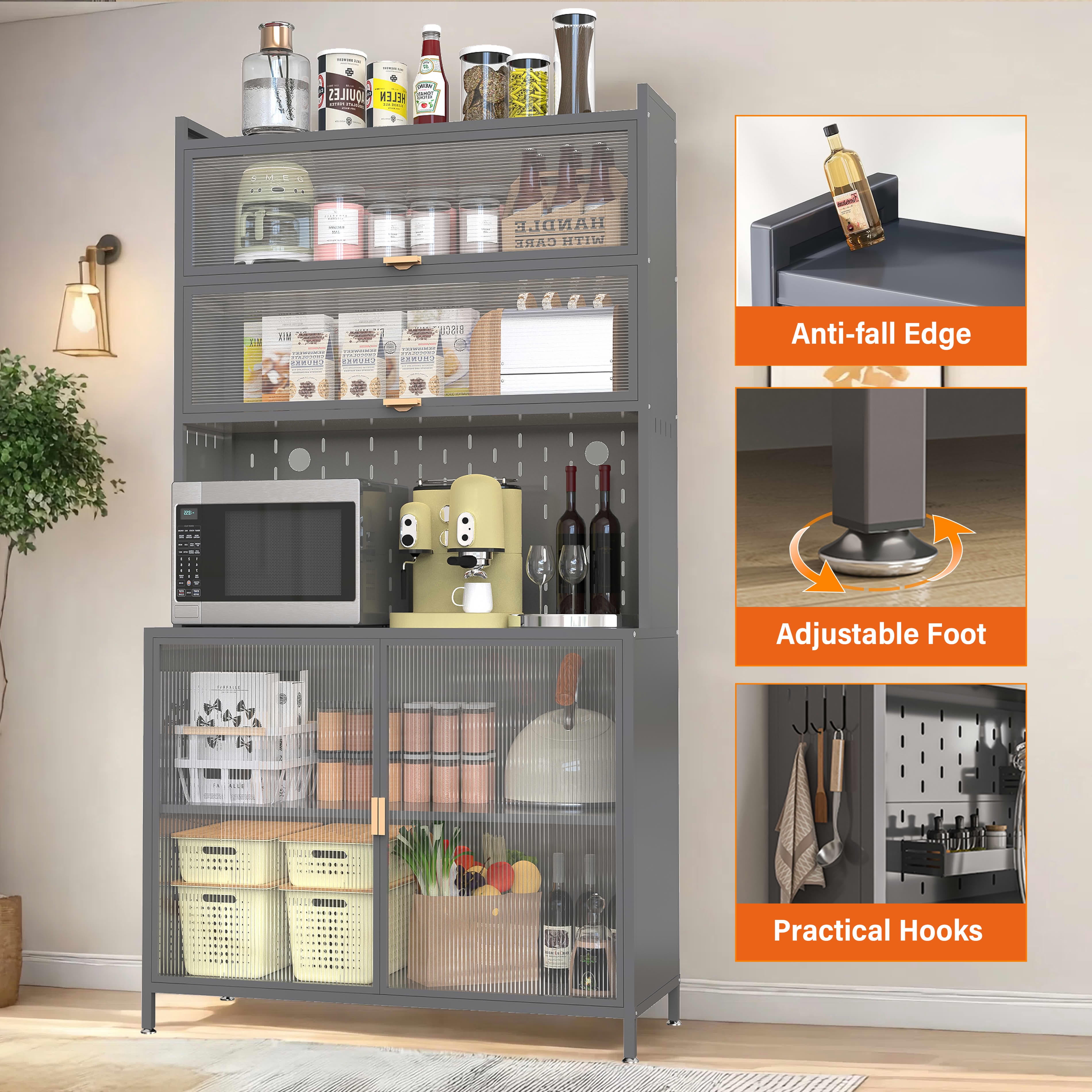 MAYEERTY 73" Tall Metal Kitchen Pantry Sideboard, 6-Tier with Pegboard & Flip Door, Anti-Tip, Grey for Kitchen & Living Room