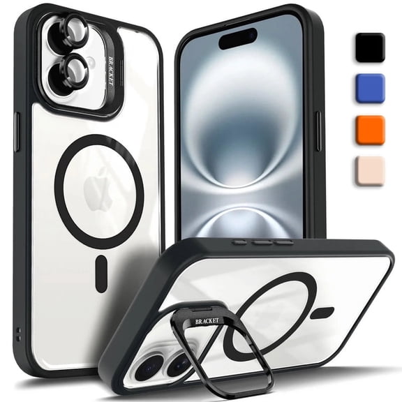Shockproof Kickstand Heavy Duty Clear Case For Apple iPhone 16 Compatible With MagSafe With Camera Lens Protector Black