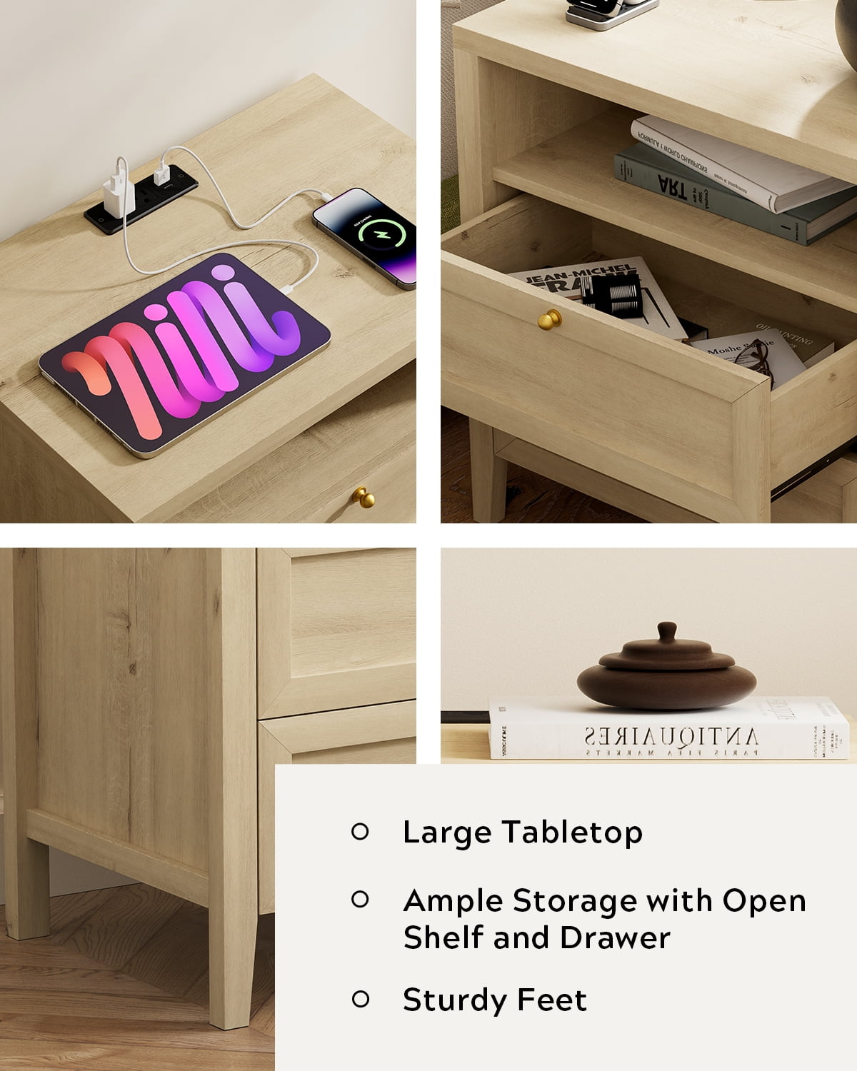 Joyyskill Farmhouse End Table with 2 Drawers, Wooden Nightstand with Open Storage Cable Hole Freestanding Wide Bedside Table for Bedroom Living Room Sofa, Light Oak