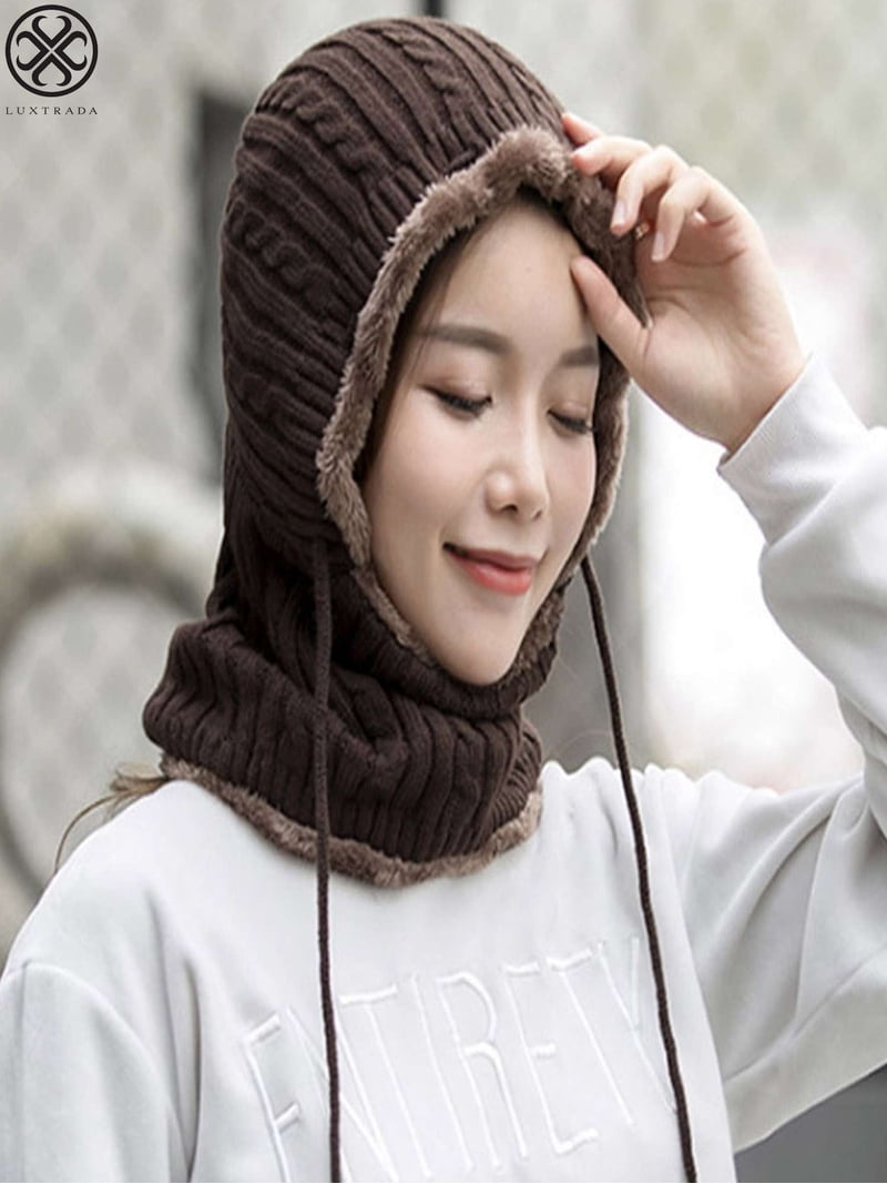 Women\'s Hat and Scarf Set Knit Winter Plain Beanie Neck Warmer, Dark Coffee Women main image 3