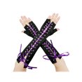 thumbnail image 1 of Guantes sin dedos de satén y encaje para mujeres INSPIRE CHIC, calentadores de brazo de color sólido, tamaño único, negro y cinta morada, 1 of 6