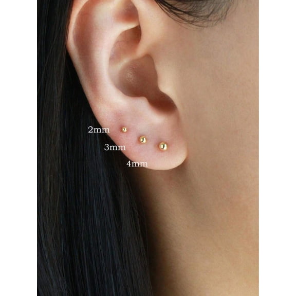 3 Pairs Stainless Steel Gold-Tone Bean Stud Earrings, Minimalist 2mm 3mm 4mm Set - Gold-1#