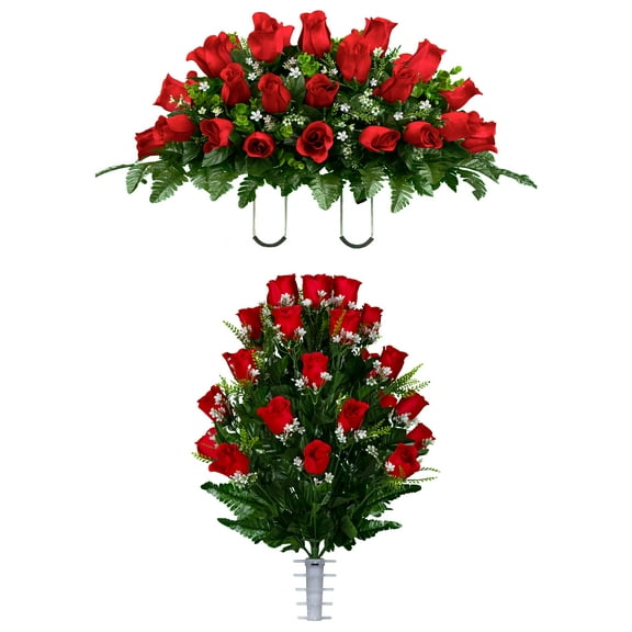 Sympathy Silks Artificial Cemetery Flowers Red Roses Bouquet & Saddle for Outdoor Memorials