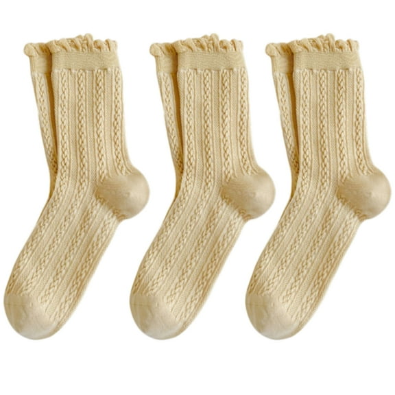 3 Pairs Mid-Crew Cable Knit Socks with Ruffle Cuffs Soft Stretchy Vintage-Inspired Design - 3 PK-Yellow