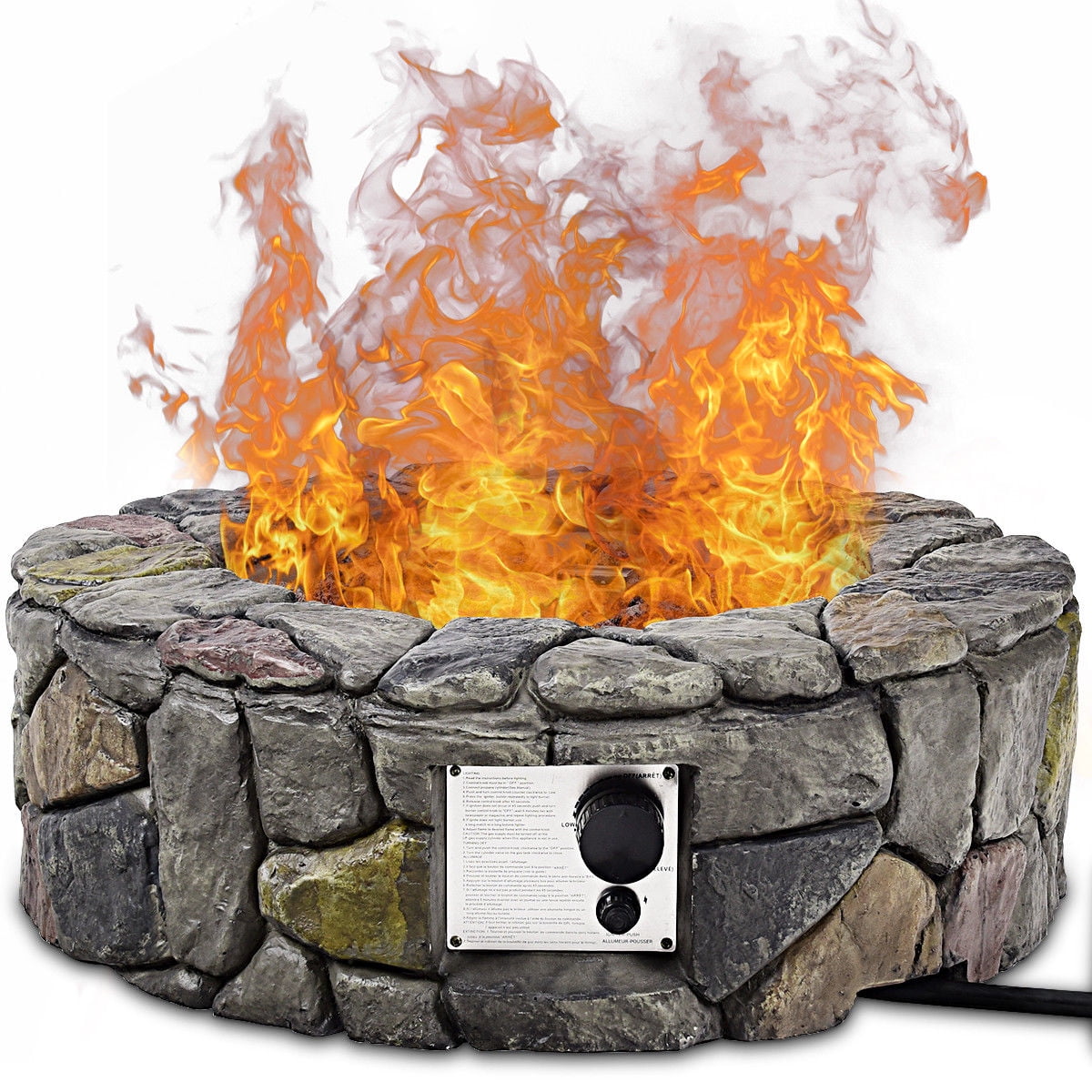 This is our new stone gas fire pit intended for outdoor use, which is a gre...