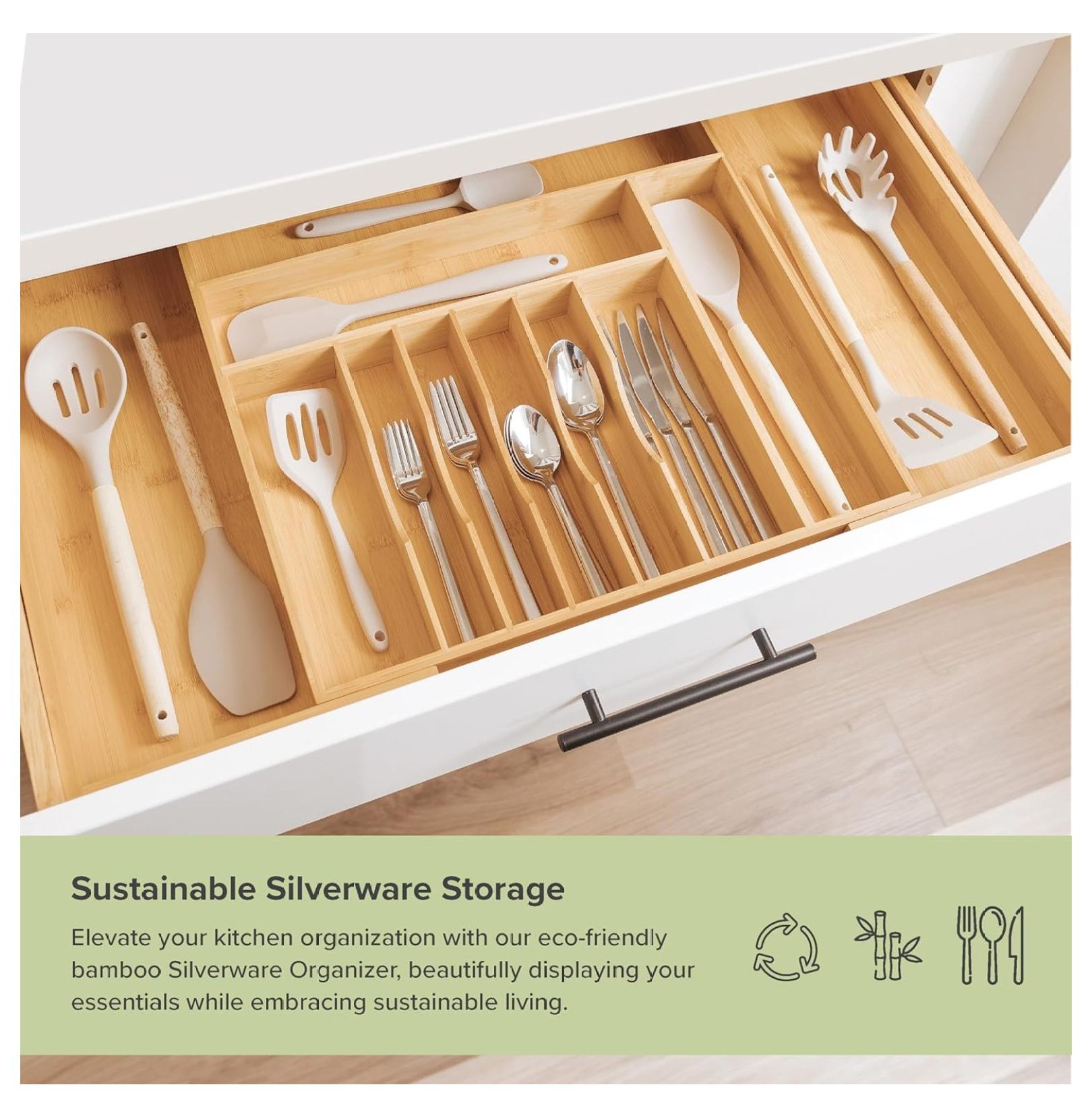 Premium Silverware, Flatware and Utensil Organizer for Kitchen Drawers, Food-Safe Contract Grade, Expandable from 18 to 33 In, Natural Bamboo