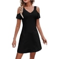 thumbnail image 1 of Kcodviy Robe Midi en Lin à Col en V Unie pour Femme, Décolleté Ajouré, Épaules Dénudées, Robe Décontractée, Robe à Manches Courtes, 1 of 4