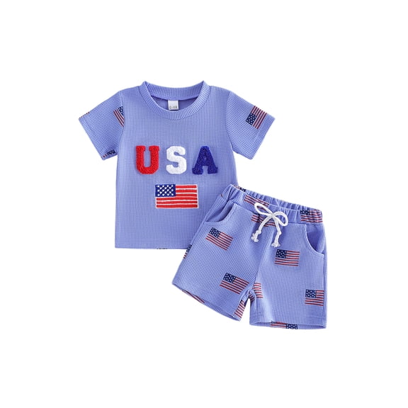 Cenuakty Boys' 4th of July Outfit 0-3 Set Letter Flag Embroidery Short Sleeve Crew Neck T-Shirt and Matching Shorts