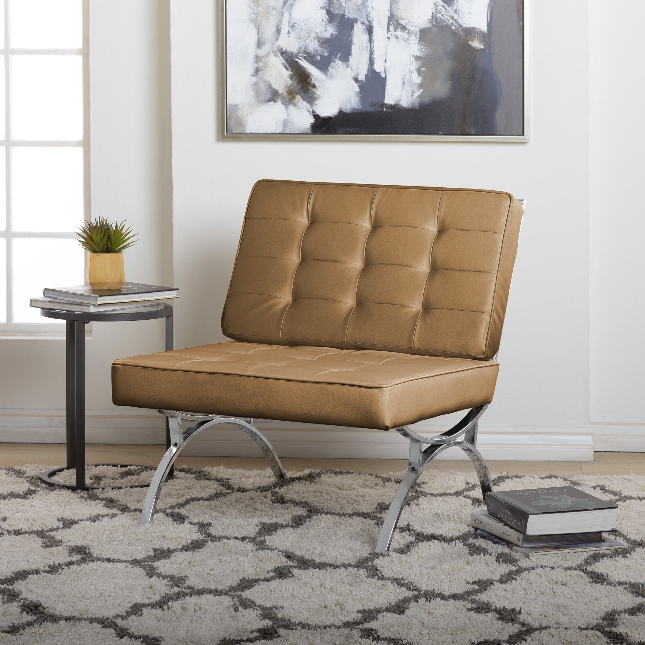 Newel Modern Accent Chair Blended Leather and Chrome Metal Frame in