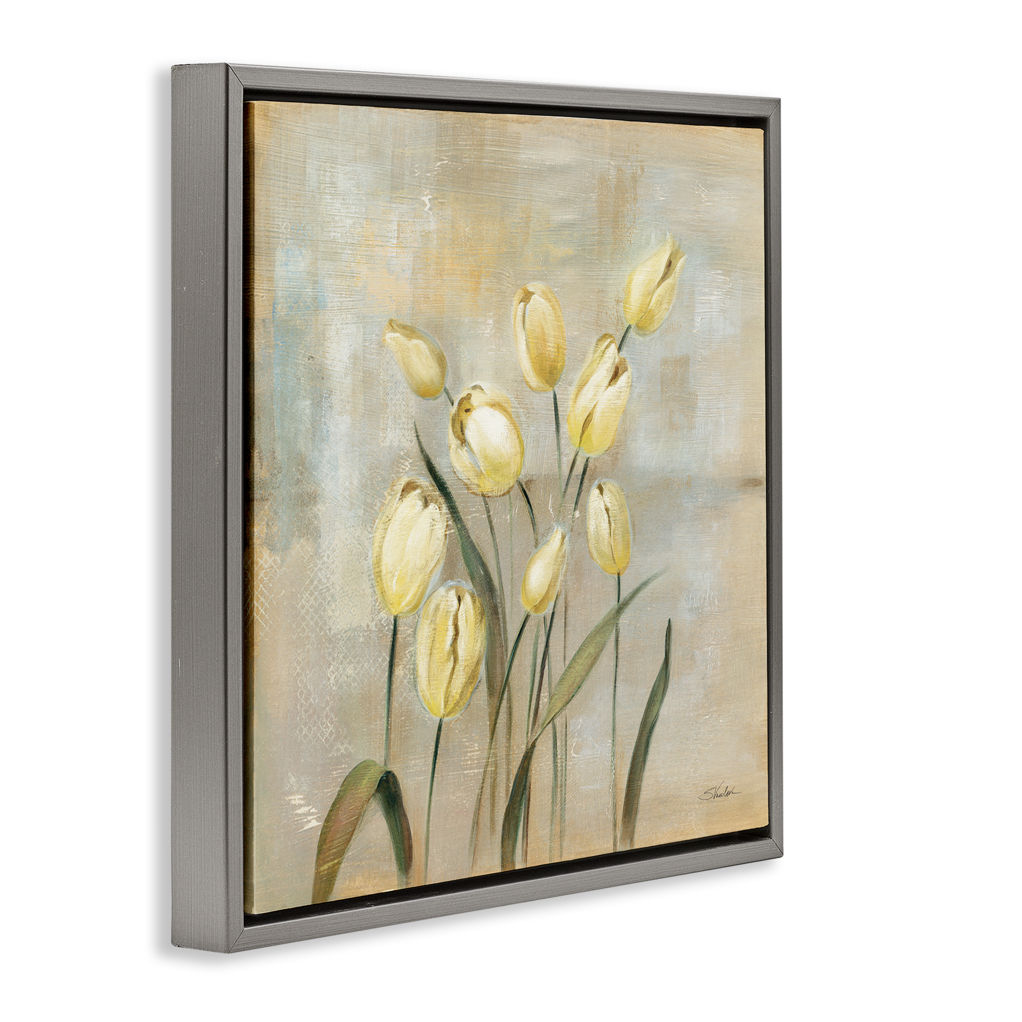 Stupell Industries Yellow Tulips on Beige Botanical & Floral Painting Gray Floater Framed Art Print Wall Art, 18 x 18