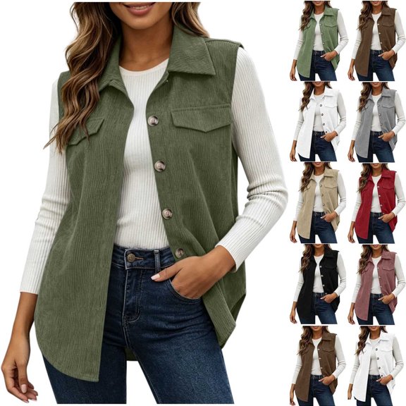 Women Corduroy Vest Sevevn Collared Sleeveless Button Down Casual Waistcoat with Chest Pockets for Daily Layering Outfits
