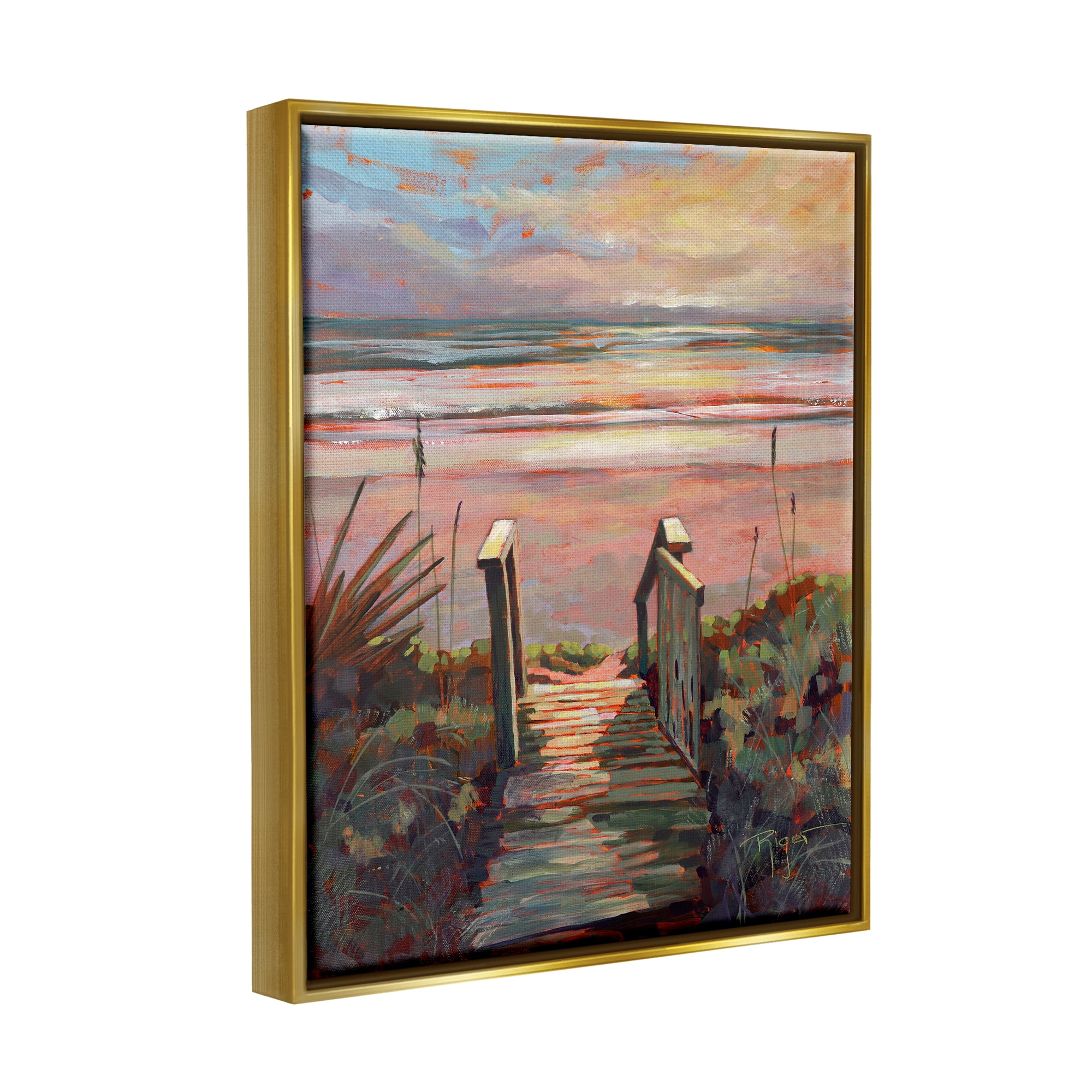 Stupell Industries Beach Shore Sunset Boardwalk Path Coastal Painting Gold Floater Framed Art Print Wall Art