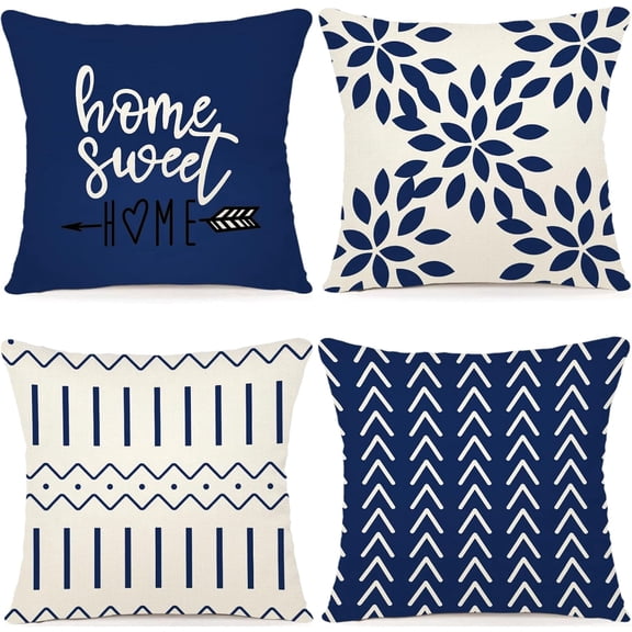 Pillow Covers 18x18 Set of 4, Modern Sofa Throw Pillow Cover, Decorative Outdoor Linen Fabric Pillow Case for Chair Sofa Couch Bed Car, Dark Blue