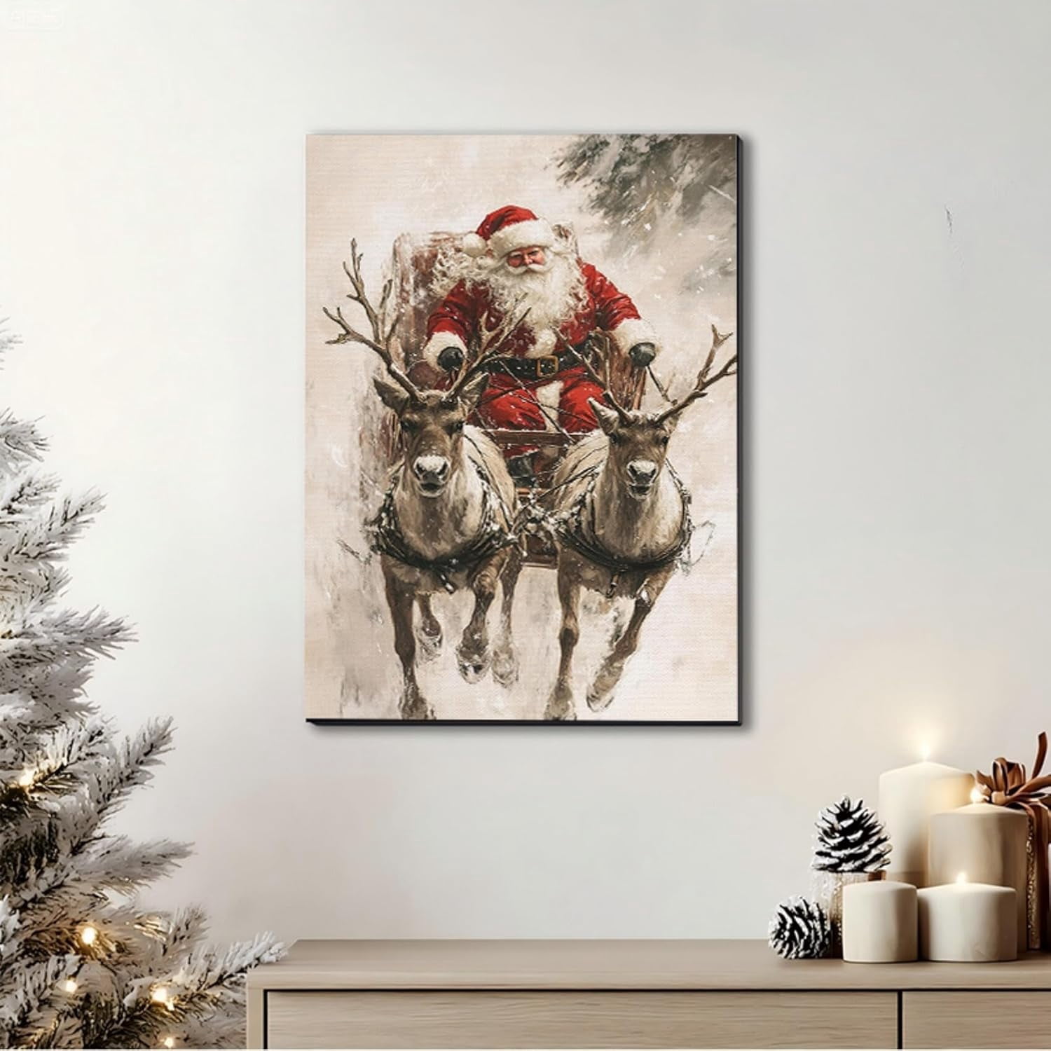 Vintage Santa in Sleigh with Reindeer Canvas Art, Framed Classic Christmas Wall Art for Holiday Decor, Cozy Winter Snow Scene Nature Wall Decor for Living Room Kitchen Office