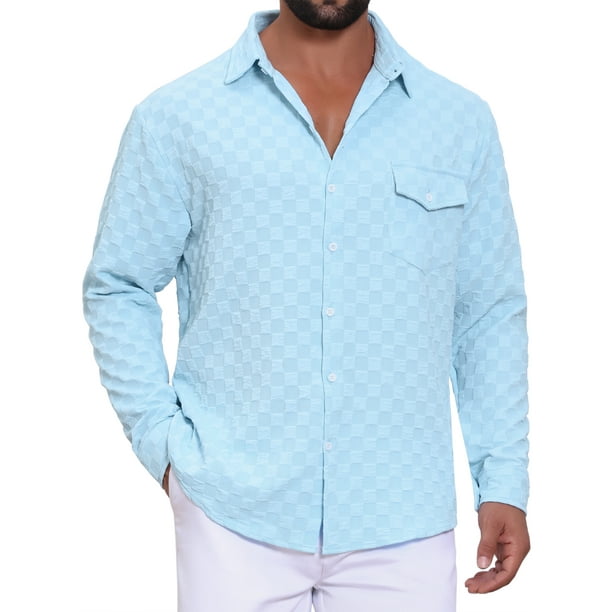 CAMISA TEXTURADA A CUADROS PARA HOMBRE INSPIRAR CHIC, CAMISA CASUAL DE MANGA LARGA CON BOLSILLO, TAMAÑO 3XL, AZUL CIELO