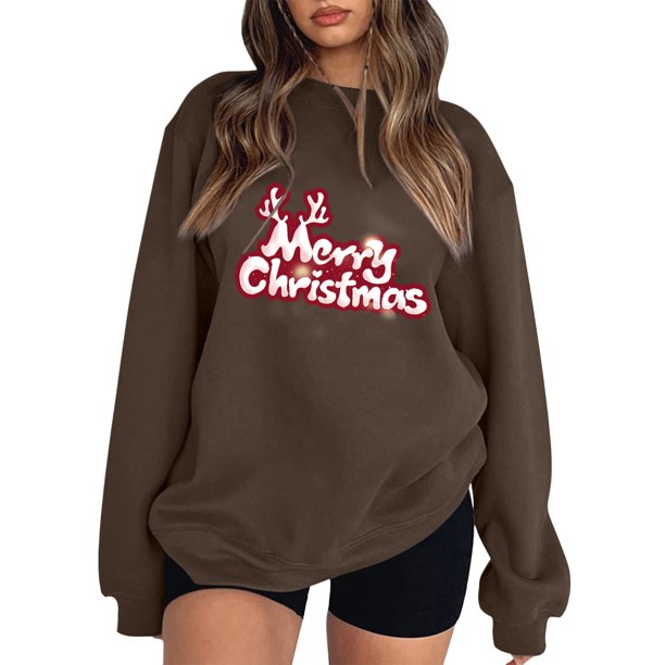 Gibobby Sudadera navideña mujer Sudadera con capucha estampada navideña holgada para mujer con mangas hasta los hombros(Café,G)