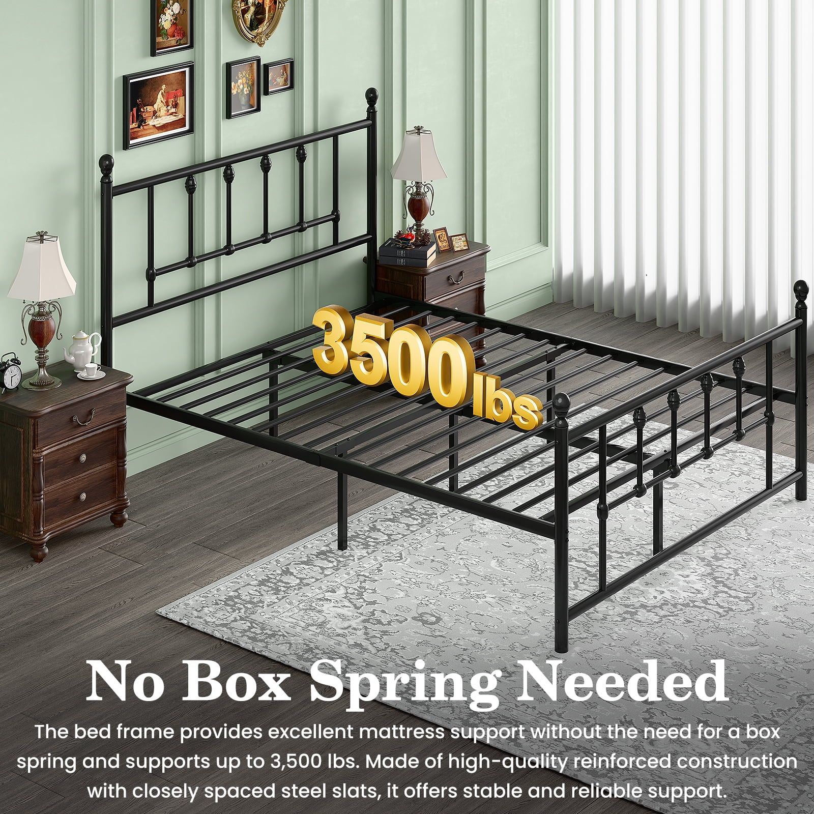 LEVELEVE 14 Inch Queen Size Metal Platform Bed Frame with Headboard and Footboard, Victorian Vintage Style, Underbed Storage, No Box Spring Needed, Easy Assembly, Black