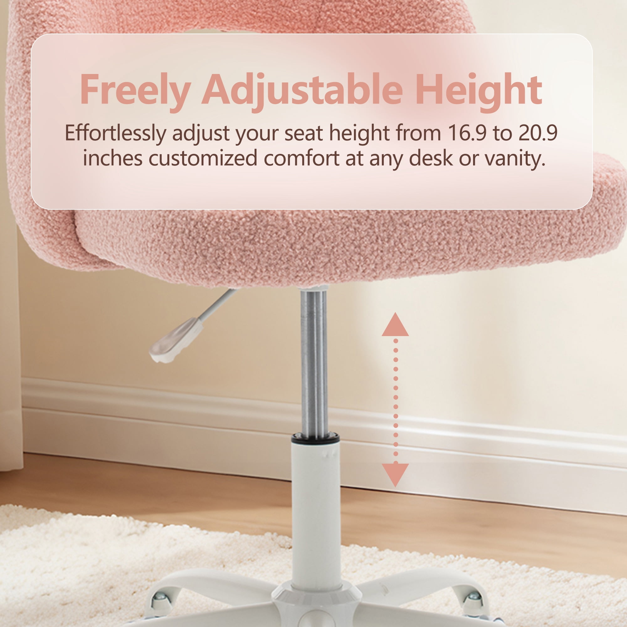 ENYLAY Pink Fluffy Teddy Fleece Vanity Chair, Height Adjustable 360° Swivel Rolling Desk Chair, Ergonomic Upholstered Makeup Chair, Modern Cute Accent Chair for Bedroom Home Office Vanity Room