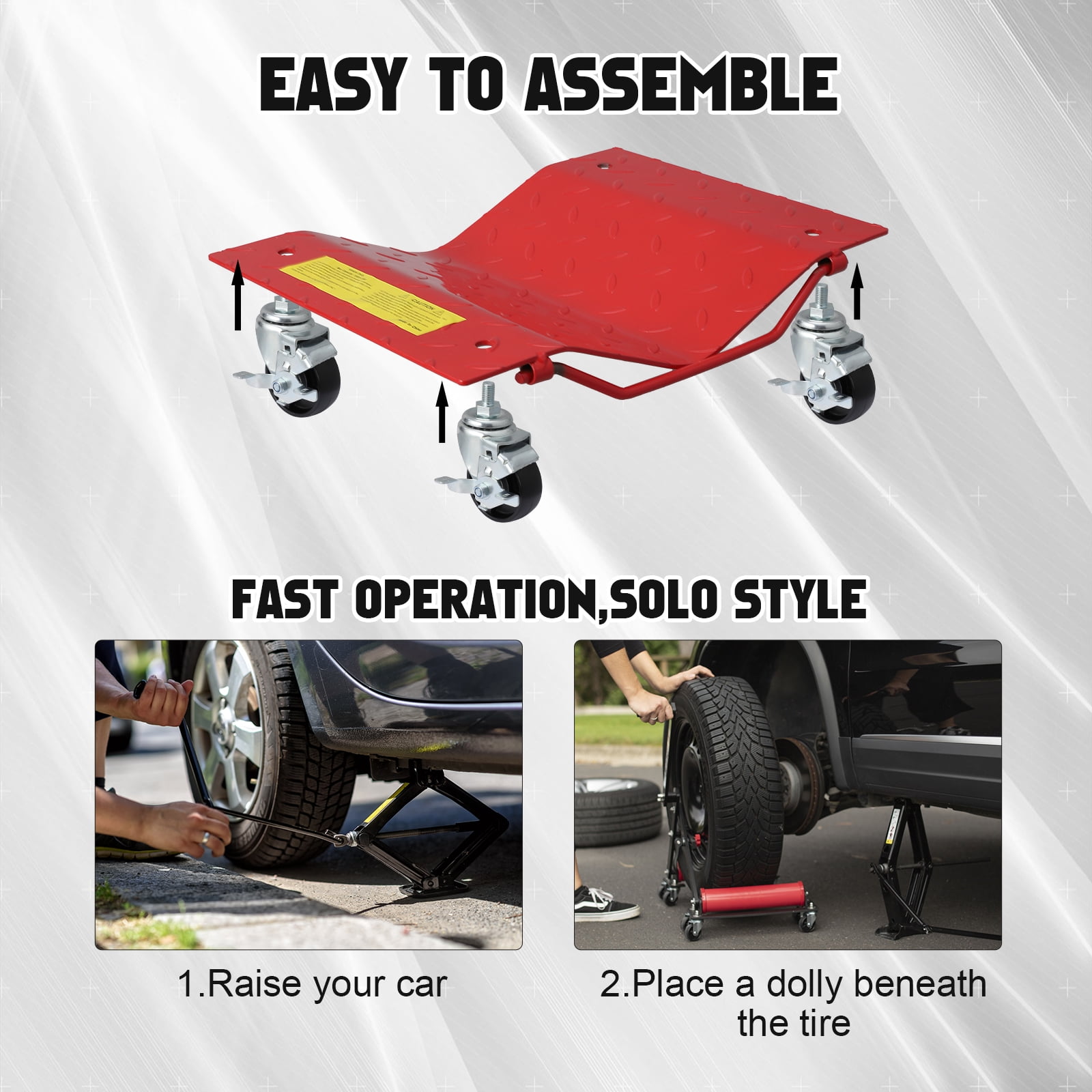 Shininglove 4-Pack Wheel Dolly Set – 1500LBS Capacity per Dolly, 360° Swivel Casters with Locking Brakes, Car Positioning Skates for Garage, Auto Shop, & Vehicle Storage(Red)