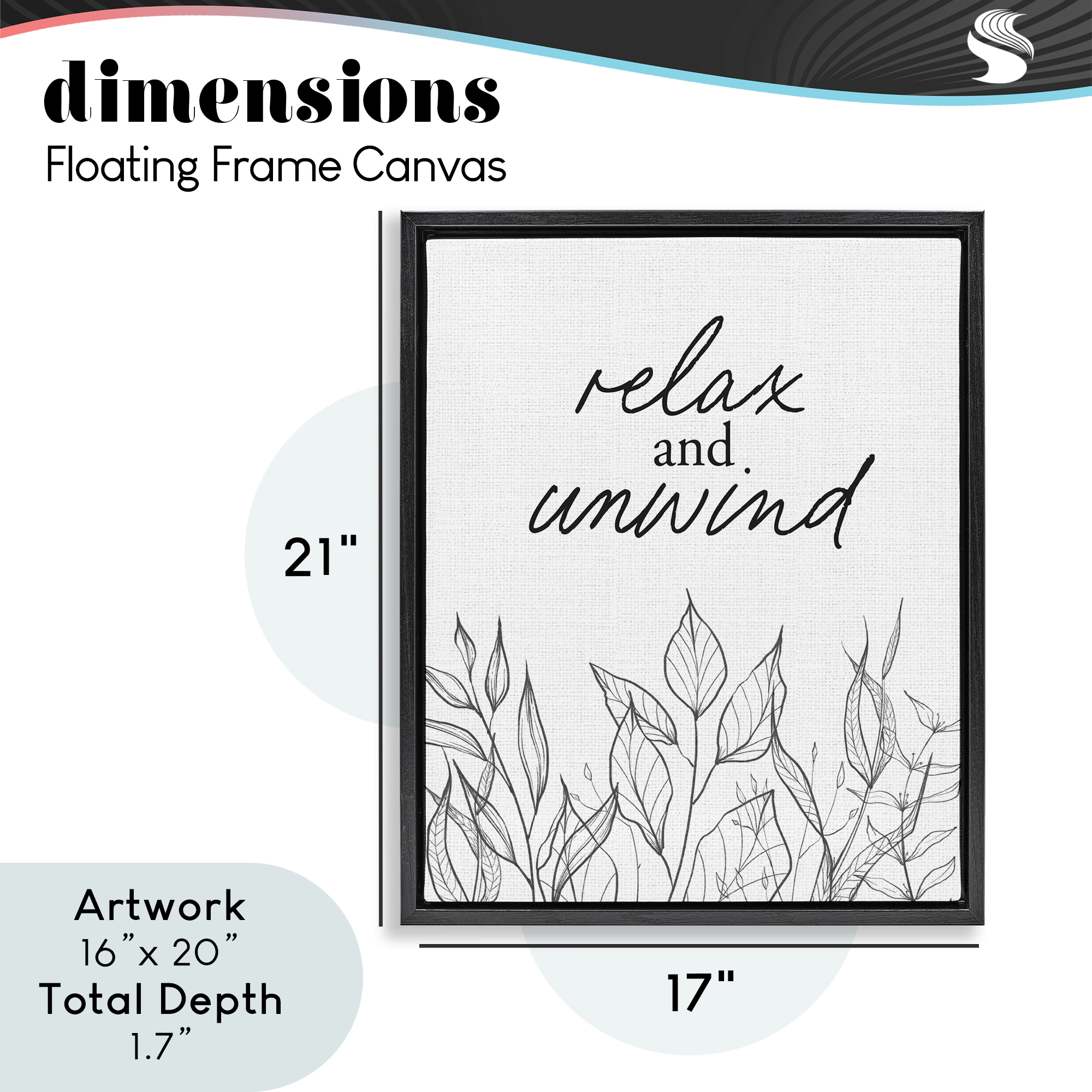 Relax Unwind Minimalist Leaves Black Framed Floater Canvas Wall Art, design by Lettered and Lined