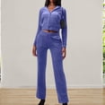 thumbnail image 2 of Conjunto de sudaderas con capucha con cremallera y pantalón de pierna ancha para mujer Conjunto de chándal informal de terciopelo de color sólido, 2 of 9